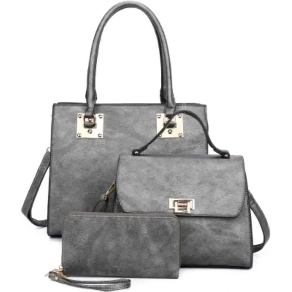 Pewter Women Fashion Handbags Wallet Tote Bag Top Handle Satchel Purse Set 3pcs